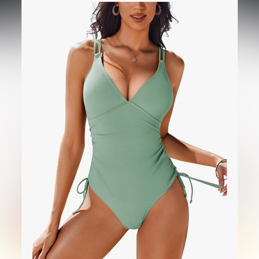 🚘Sleek Green One-Piece Swimsuit with Wrap Design deep v tie side high cut suit
